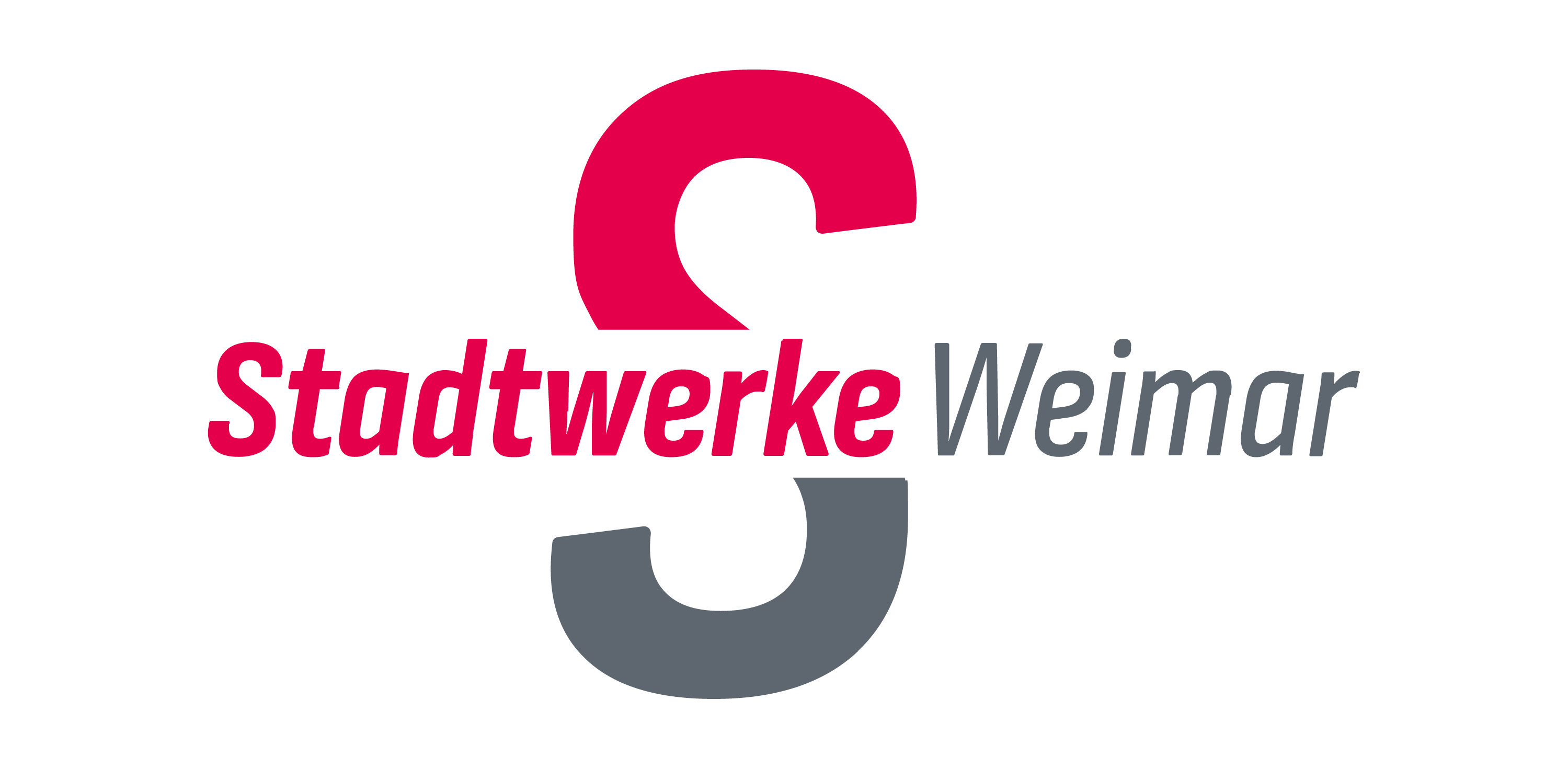 rot/graues Logo der Stadtwerke Weimar mit entsprechender Bezeichnung, in der Mitte ein großer Buchstabe "S"