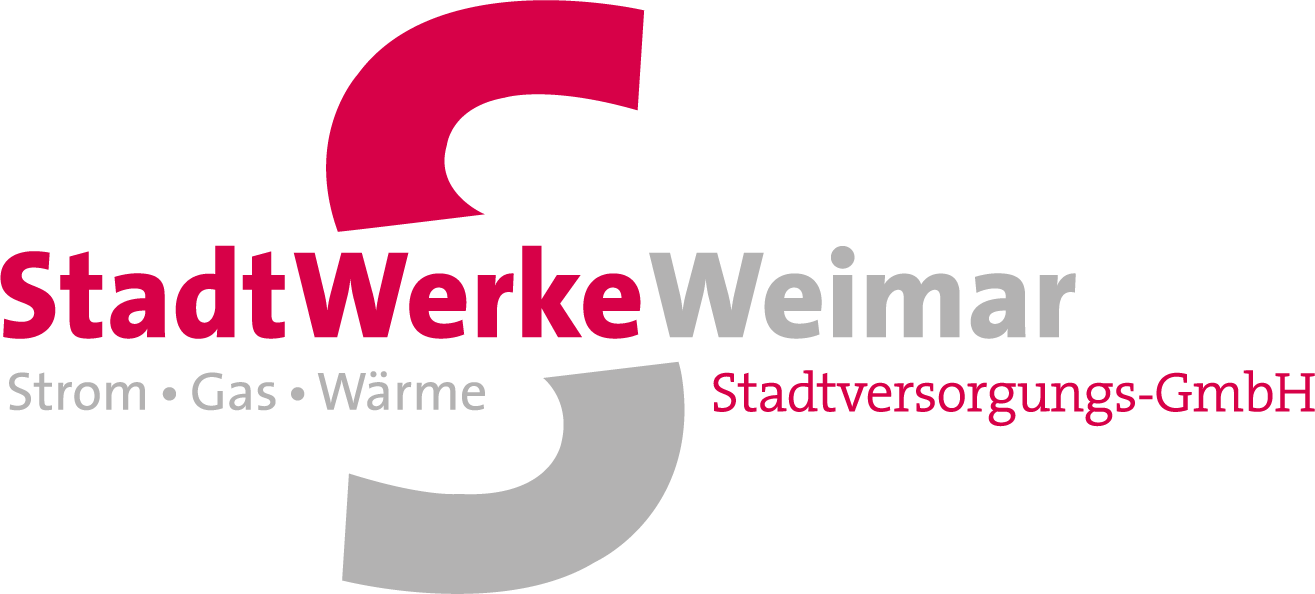 rot/graues Logo der stadtwerke weimar mit entsprechender Bezeichnung, in der mitte ein großer Buchstabe "S"
