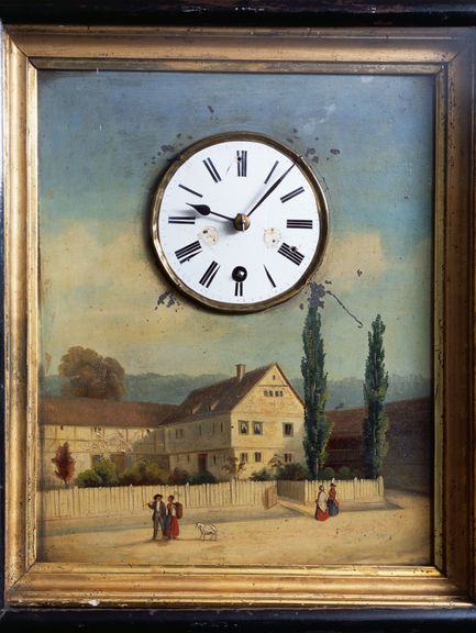 Unbekannt, Wanduhr mit Darstellung des Schillerhauses Bauerbach, um 1860