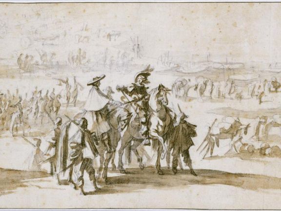  Jacques Callot, Ludwig XIII. und Kardinal Richelieu bei der Isle de Ré 1627/28, um 1628/29, schwarze Kreide, Pinsel in Braun 