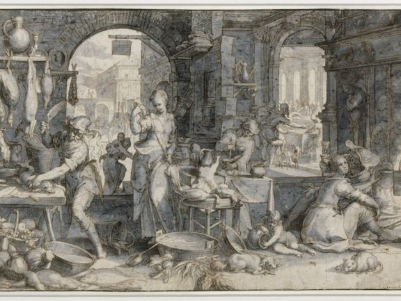  Joachim Wtewael, Kücheninterieur mit biblischer Szene, 1605, Feder in Braun, Pinsel in Graublau laviert, weiß gehöht 