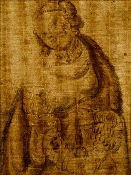 Durchlichtaufnahme des Objektes, auf dem die nackte Lucretia mit einem Dolch zu sehen ist