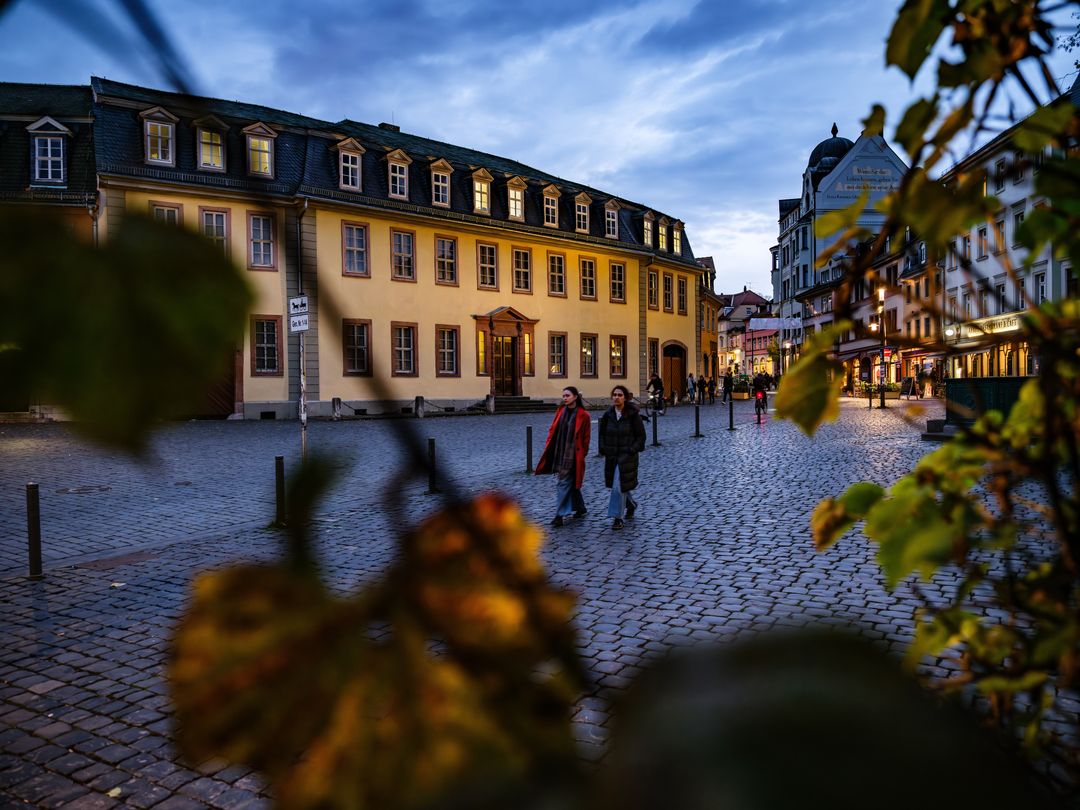 Außenansicht eines Gebäudes mit herbstlichen Blättern