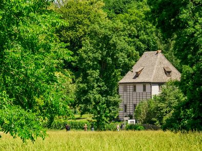 Blick auf das von Bäumen gesäumte Gartenhaus
