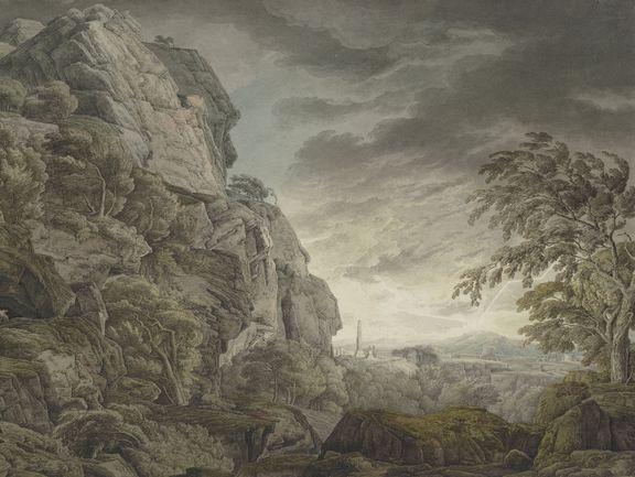 Kobell, Franz Innocenz Josef: „Heroische Landschaft im Gewitter. Links aufgetürmte Felsen, am Eingang einer Felsenhöhle zwei Gestalten, rechts im Mittelgrund“