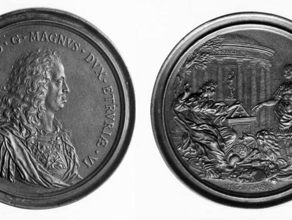  Massimiliano Soldani-Benzi, Cosimo III. von Etrurien, um 1676 (verso: Brustbild, recto: weibliche bekrönte Figur im Florentiner Mantel und Großherzog in antiker Kleidung) 