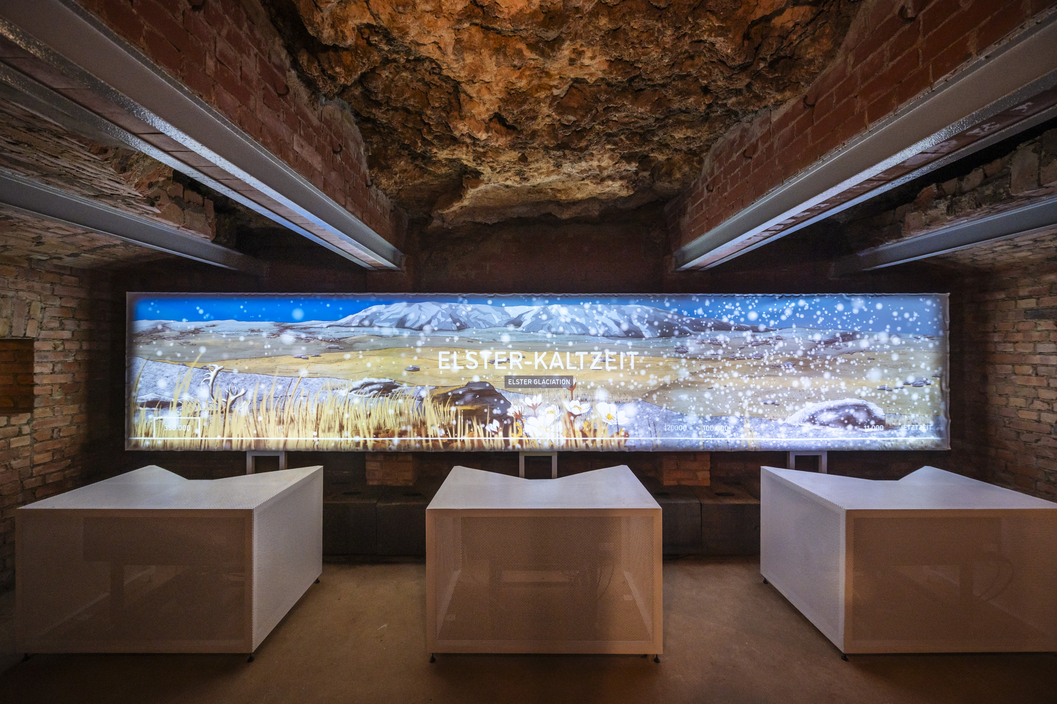 Eine breite Leihenwand zeigt einen Kurzfilm zur Parkhöhle