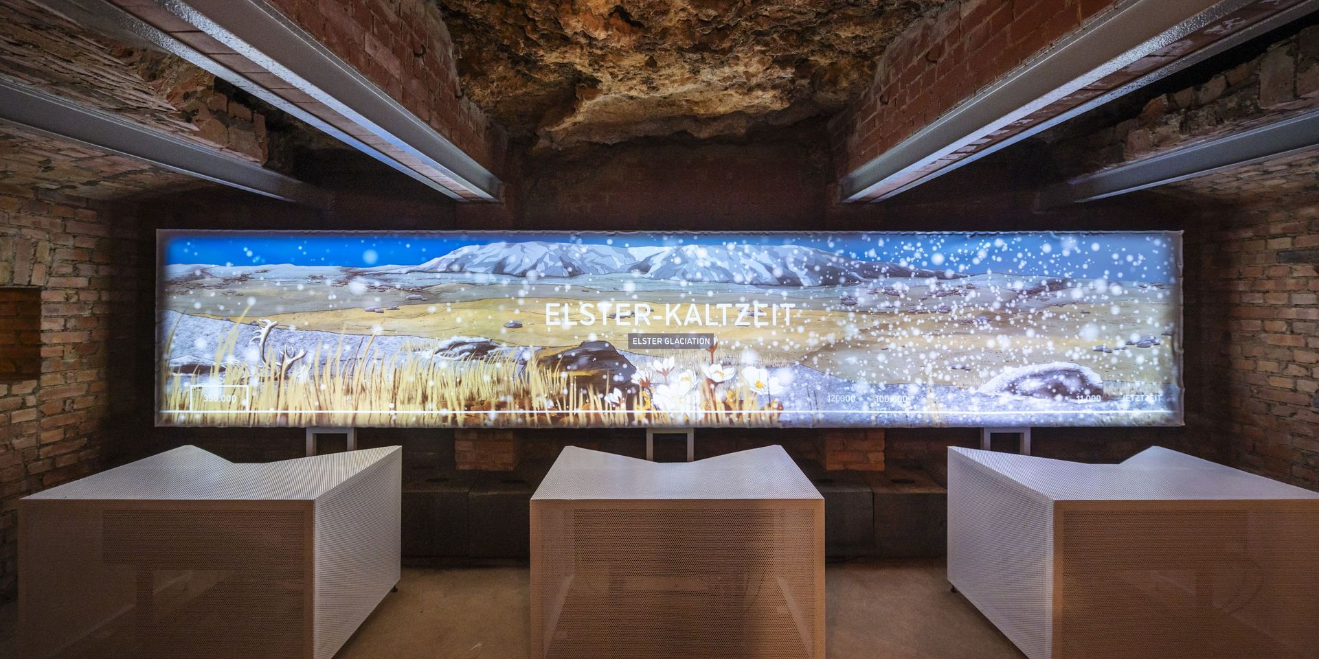 Eine breite Leihenwand zeigt einen Kurzfilm zur Parkhöhle