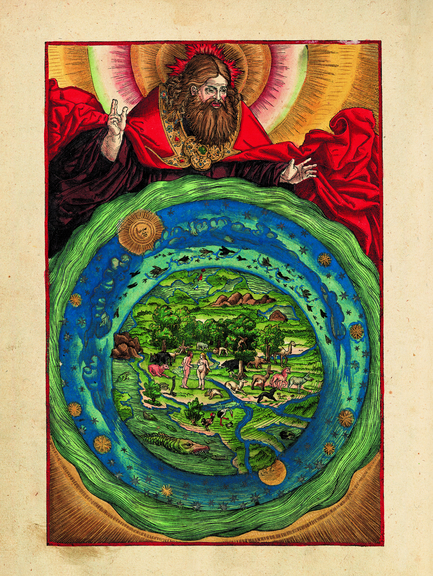 Zu sehen ist der Holzschnitt mit dem Titel "Erschaffung der Welt" aus "Biblia, das ist, die gantze Heilige Schrifft Deudsch" von Martin Luther, 1534 in Wittenberg gedruckt. Signatur: Cl I : 58 (b).