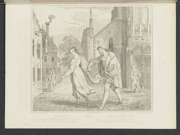 Faust spricht Margarete vor der Kirche an, eine Illustration zu Goethes Faust aus dem Rheinischen Taschenbuch auf das Jahr 1844