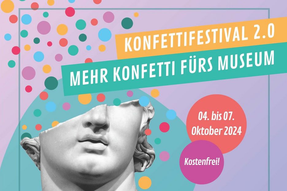 Auf einem helllila Untergrund wird in bunt hinterlegter Schrift für das Konfettifestival geworben, daneben befindet sich die abbildung einer Büste, deren halber Kopf fehlt und bunter Kreise aus ihr aufsteigen