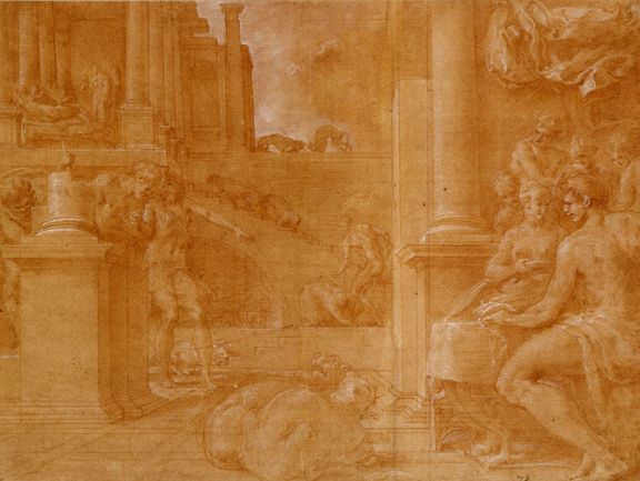 Bildnr. I/12: Francesco Primaticcio (1504–1570), Circe reicht Odysseus den Zaubertrank, vor 1541, Rötel, weiß gehöht