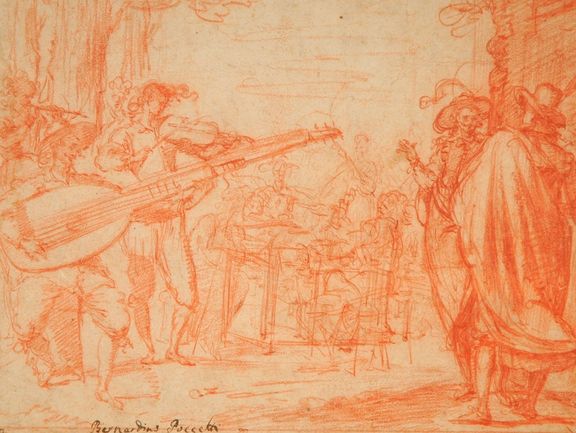 Bildnr. I/19: Jacopo Confortini (1602–1672), Bankett mit Musikanten, Rötel, teilweise gewischt mit Umrandung