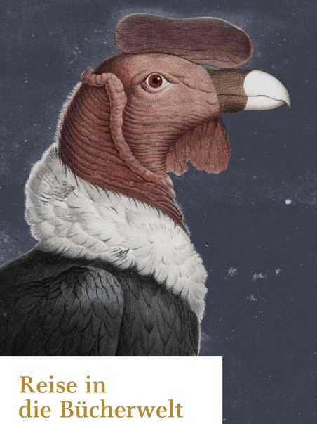 Cover of the exhibition flyer “Journey to the World of Books. Prints from Seven Centuries at the Herzogin Anna Amalia Bibliothek”. Detail of an Andean Condor (Vultur gryphus) from the American travel journal by Alexander von Humboldt’s and Aimé Bonplands, Paris 1805.