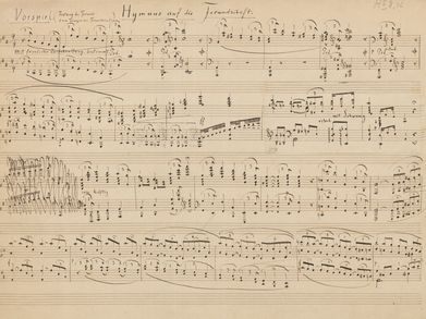 Notenmanuskript zu Friedrich Nietzsche , „Hymnus auf die Freundschaft. Vorspiel (Festzug der Freunde zum Tempel der Freundschaft)“, 1874