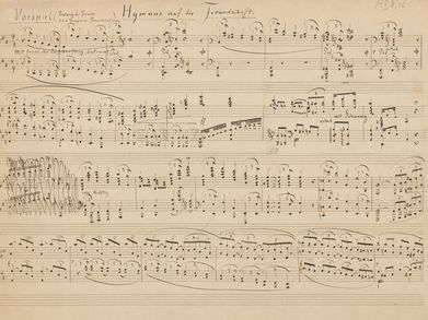 Notenmanuskript zu Friedrich Nietzsche , „Hymnus auf die Freundschaft. Vorspiel (Festzug der Freunde zum Tempel der Freundschaft)“, 1874