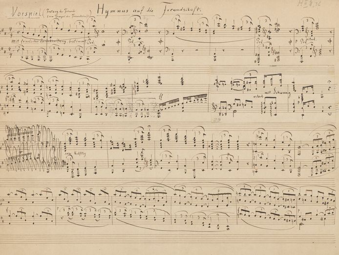 Notenmanuskript zu Friedrich Nietzsche , „Hymnus auf die Freundschaft. Vorspiel (Festzug der Freunde zum Tempel der Freundschaft)“, 1874