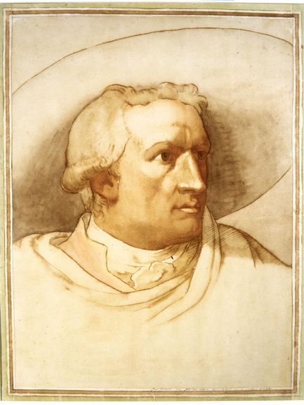  Johann Heinrich Wilhelm Tischbein, Kopfstudie zu Goethe in der Campagna, 1786/87, Aquarell, Feder in Braun 