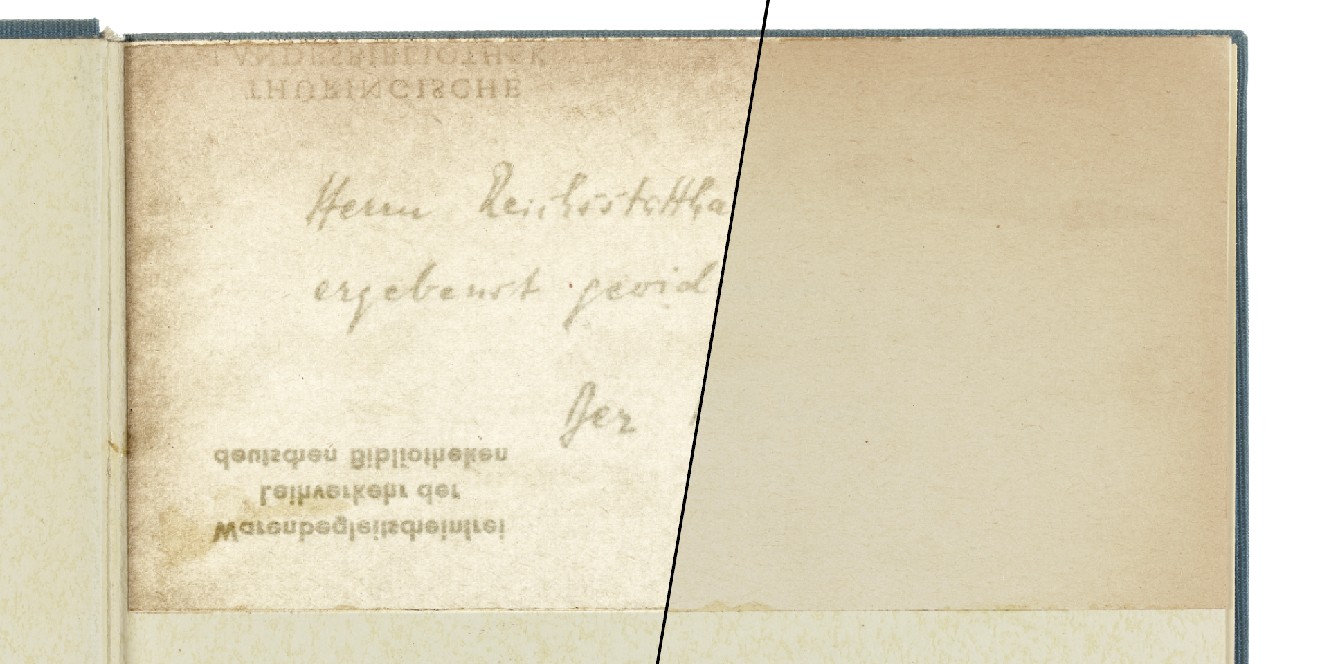 A handwritten dedication is partially legible on one book page, the other part of the dedication has been pasted over.