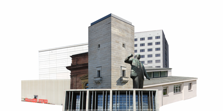 mehrere moderne Gebäude und die Statue von Ernst Thälmann in einer Collage angeordnet