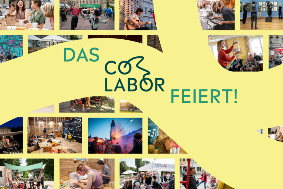 Auf zwei gschwungenen gelben Linien steht in grüner Schrift „Das Co-Labor feiert!“, im Hintergrund befindet sich eine Collage auf Fotografien unterschiedlichster Veranstaltungen des Co-Labors