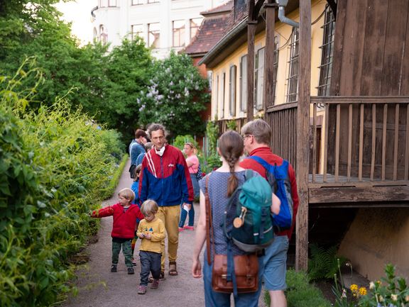 Eine Gruppe läuft hintereinander durch einen Garten