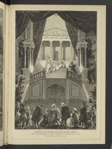  Faust läßt vor dem kaiserlichen Hofe Helena und Paris erscheinen. Aus der Faust-Aufführung im Leipziger Stadttheater, 2. Tagewerk, 1. Act, 8. Scene. Originalzeichnung von F. Limmer. In: Die Gartenlaube. Berlin. Bd. 31 (1883), S. 673.