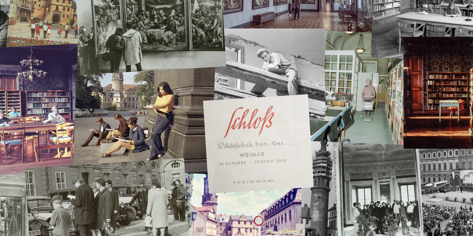 Fotocollage Schloss-Geschichten Collage mit vielen Abbildungen zum Thema Schloss und Bevölkerung: Dias und Fotos erzählen Momente von Besuchen, Alltagsleben mit dem Schloss in Weimar.
