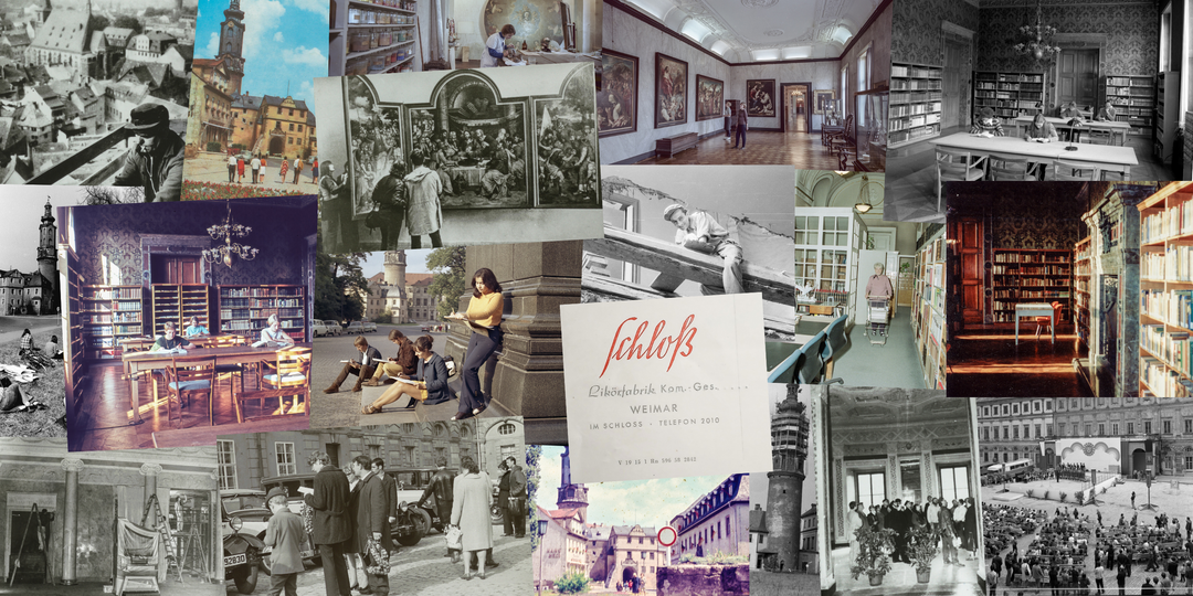 Collage mit vielen Abbildungen zum Thema Schloss und Bevölkerung: Dias und Fotos erzählen Momente von Besuchen, Alltagsleben mit dem Schloss in Weimar.