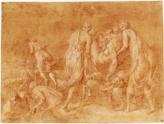  Francesco Primaticcio, Die Landung des schlafenden Odysseus in Ithaka, vor 1541, Rötel, weiß gehöht 