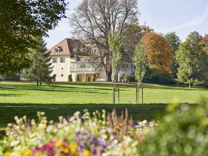 Ein Gebäude in einem Park