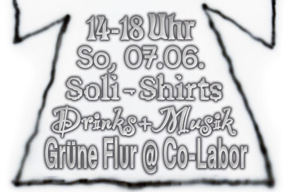 Weißer Hintergrund, schwarze Airbrush-Umrisse eines T-Shirts, darauf in schwarz weißer 3D-Schrift Daten zur Veranstaltung