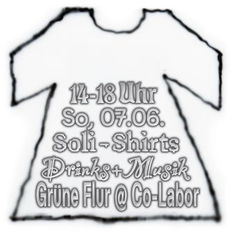 Weißer Hintergrund, schwarze Airbrush-Umrisse eines T-Shirts, darauf in schwarz weißer 3D-Schrift Daten zur Veranstaltung