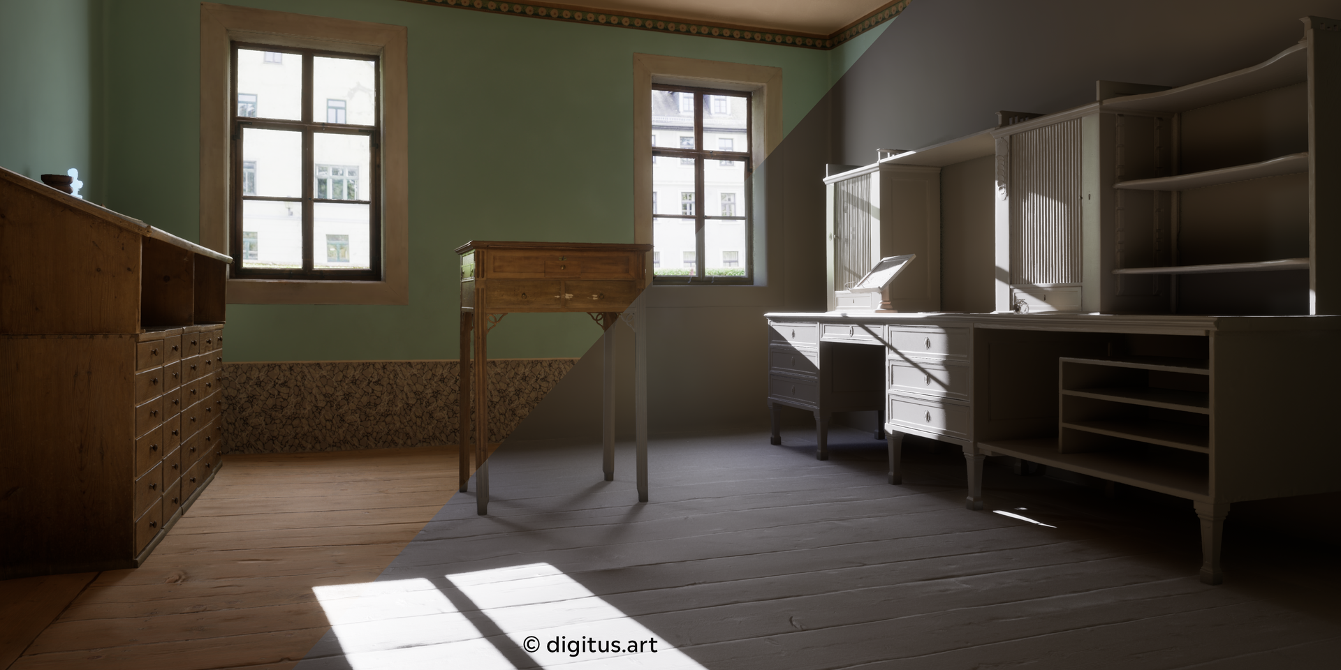 3D-Modulation von einem Arbeitszimmer mit Schränken und Schreibtisch in der Mitte