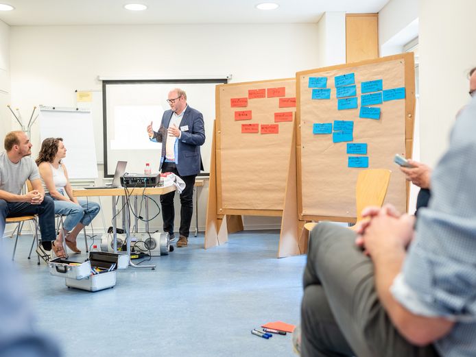 Ein Mann erklärt einer Workshop-Gruppe etwas. Neben ihm stehen zwei große Stellwände mit roten und blauen Moderationskarten.