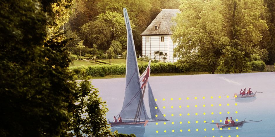Graphic visualization of the park on the Ilm with Goethe's garden house and boats on the river