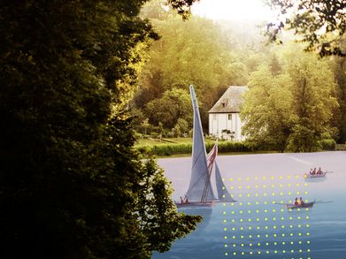 Graphische Visualisierung des Parks an der Ilm mit Goethes Gartenhaus und Booten auf dem Fluss