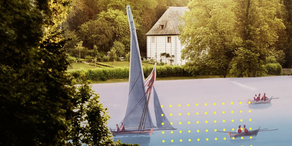 Graphic visualization of the park on the Ilm with Goethe's garden house and boats on the river