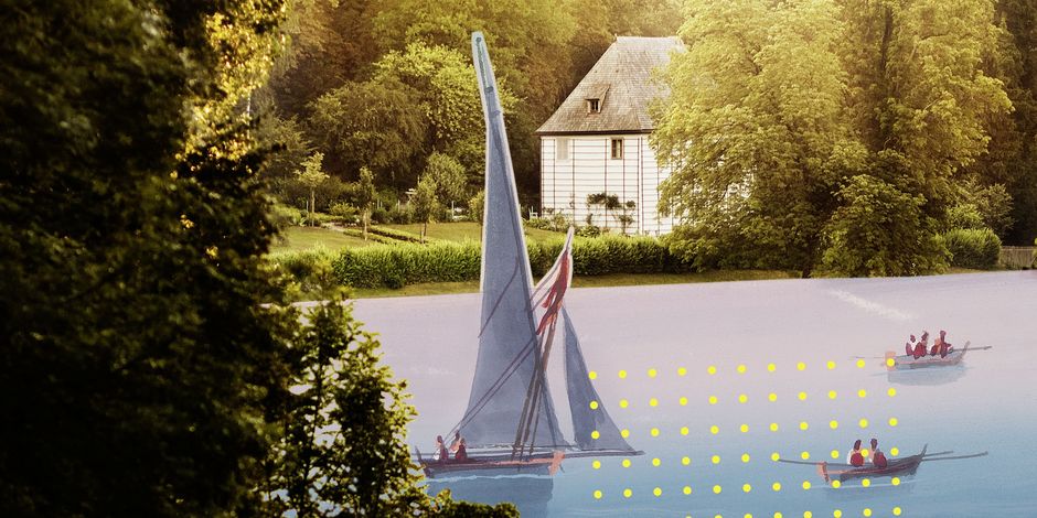 Graphic visualization of the park on the Ilm with Goethe's garden house and boats on the river