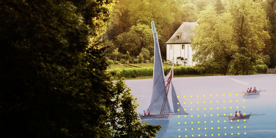 Graphische Visualisierung des Parks an der Ilm mit Goethes Gartenhaus und Booten auf dem Fluss