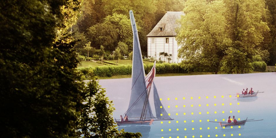 Graphic visualization of the park on the Ilm with Goethe's garden house and boats on the river