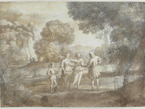  Claude Gellée,  gen. Claude Lorrain, Figurengruppe in einer Landschaft, um 1645, Feder und Pinsel in Braun, weiß gehöht 