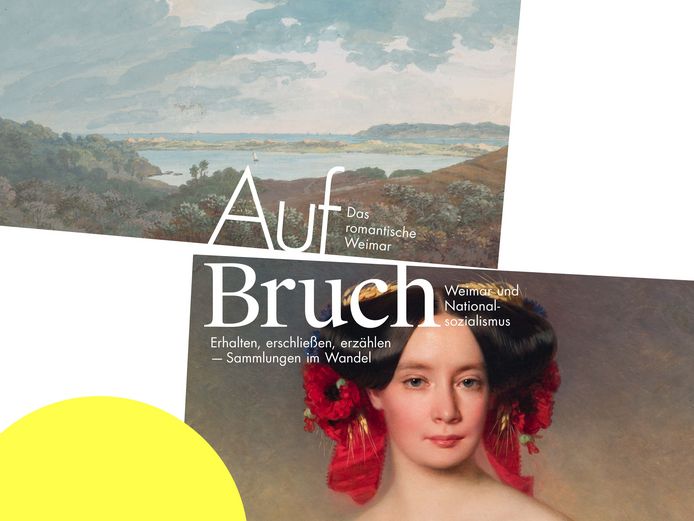 Das Werbebanner zum Themenjahr 2024 Auf/Bruch vereint visuell die Sonderausstellungen zur Großherzogin Sophie, zu Bauhaus und Nationalsozialismus sowie zu Caspar David Friedrich und die Romantik in Weimar