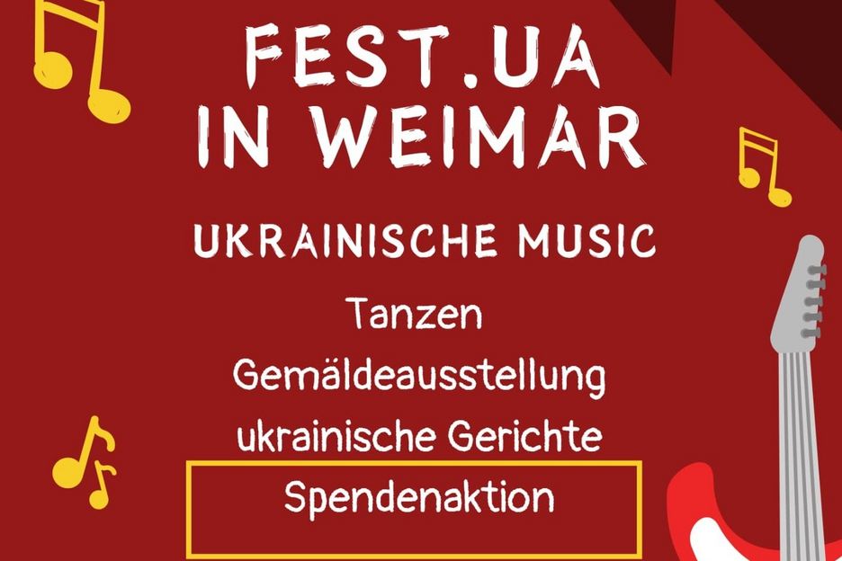 Auf rotem Untergrund befindet sich in weißer Schrift der Titel der Veranstaltung und die Programmpunkte (Musik, Tanz, Gemäldeausstellung, Spendenaktion, ukrainische Gerichte) umgeben von gelben Noten 