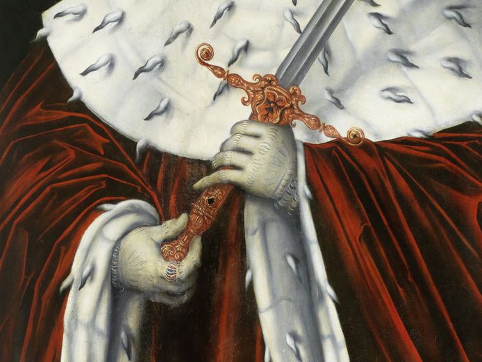 Gemälde aus der Werkstatt von Lucas Cranach, abgebildet ist Johann Friedrich der Großmütige im roten Kurfürsten-Mantel