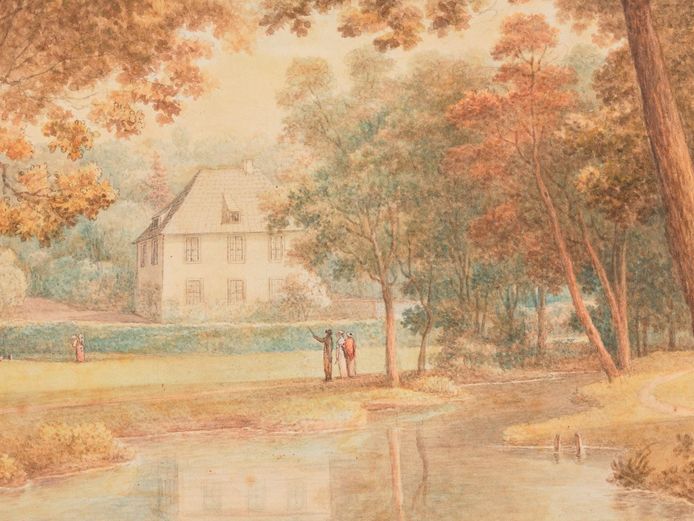 Zeichnung zeigt eine Parkszenerie mit einem Gartenhaus und Spaziergängern