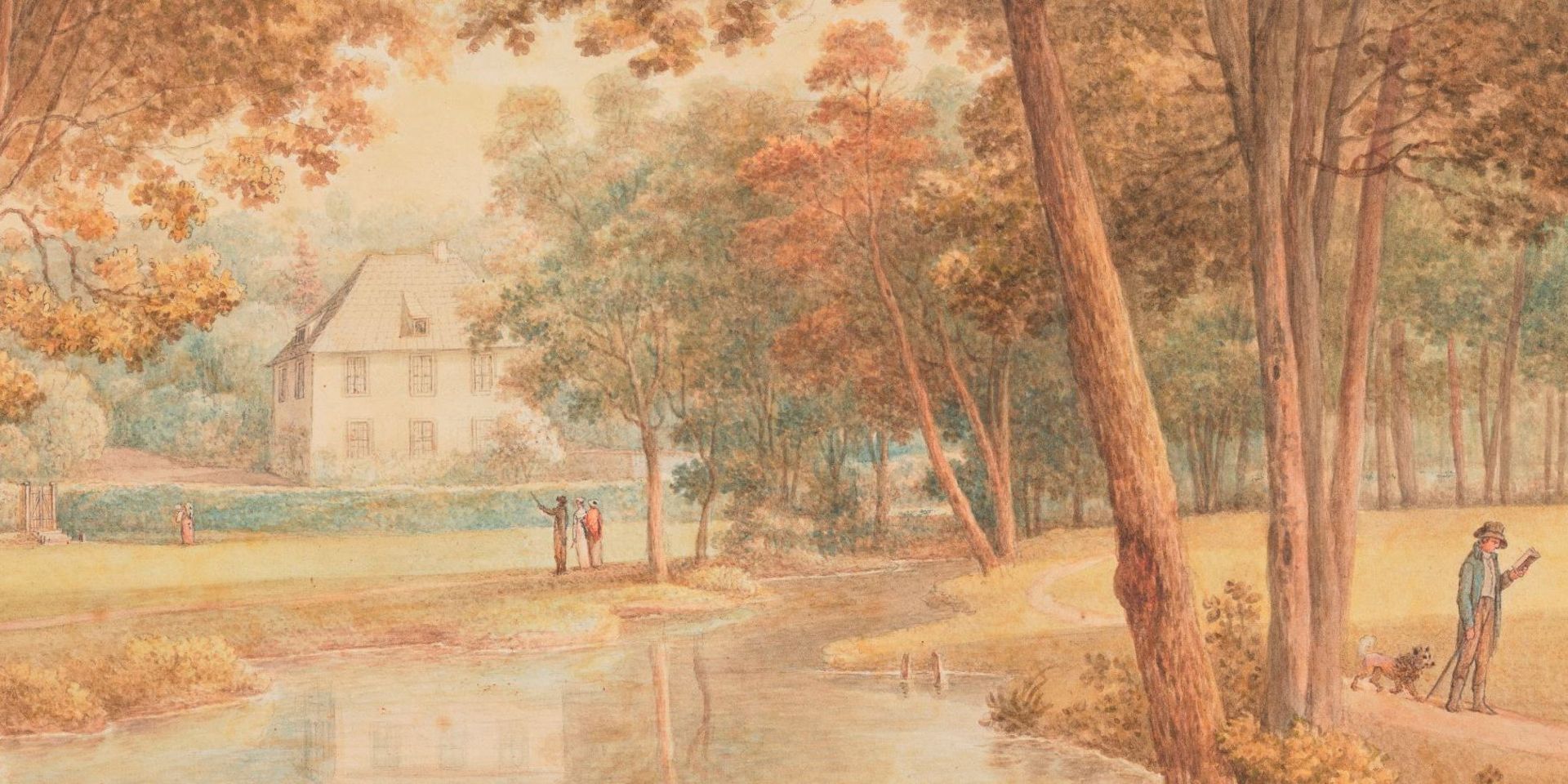 Zeichnung zeigt eine Parkszenerie mit einem Gartenhaus und Spaziergängern