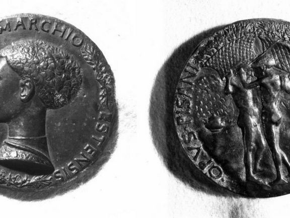  Antonio di Puccio Pisano, gen. Pisanello, Leonello d’Este, 1441 (verso: Brustbild, recto: zwei nackte männliche Figuren mit Körben auf den Köpfen) 