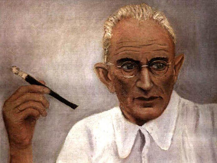 Gemaltes Porträt von Arthur Goldschmidt in weißen Polohemd mit Zigarettenspitze in der Hand