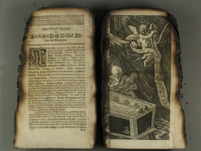 Zwei beschädigte Buchseiten mit verbrannten Kanten